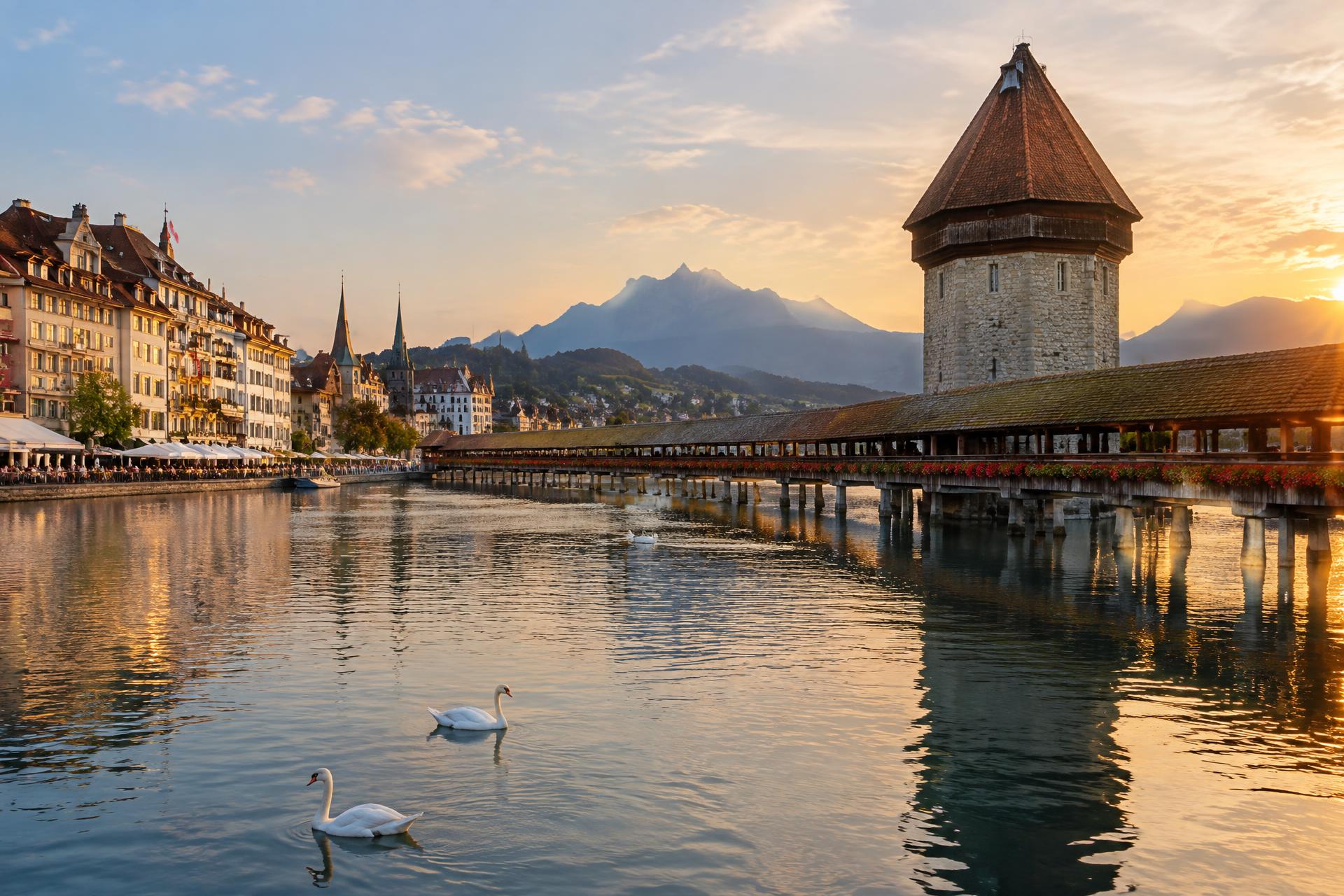 Kapellbrücke und Wasserturm in Luzern im Abendlicht, Schwäne auf der Reuss, Pilatus im Hintergrund